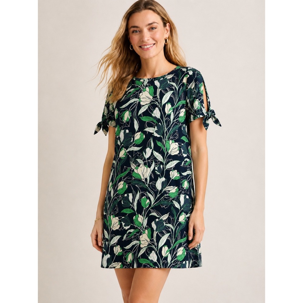 Banana Republic Womens Floral Shift Dress‎ M Tie Sleeve Navy Blue Green Spring